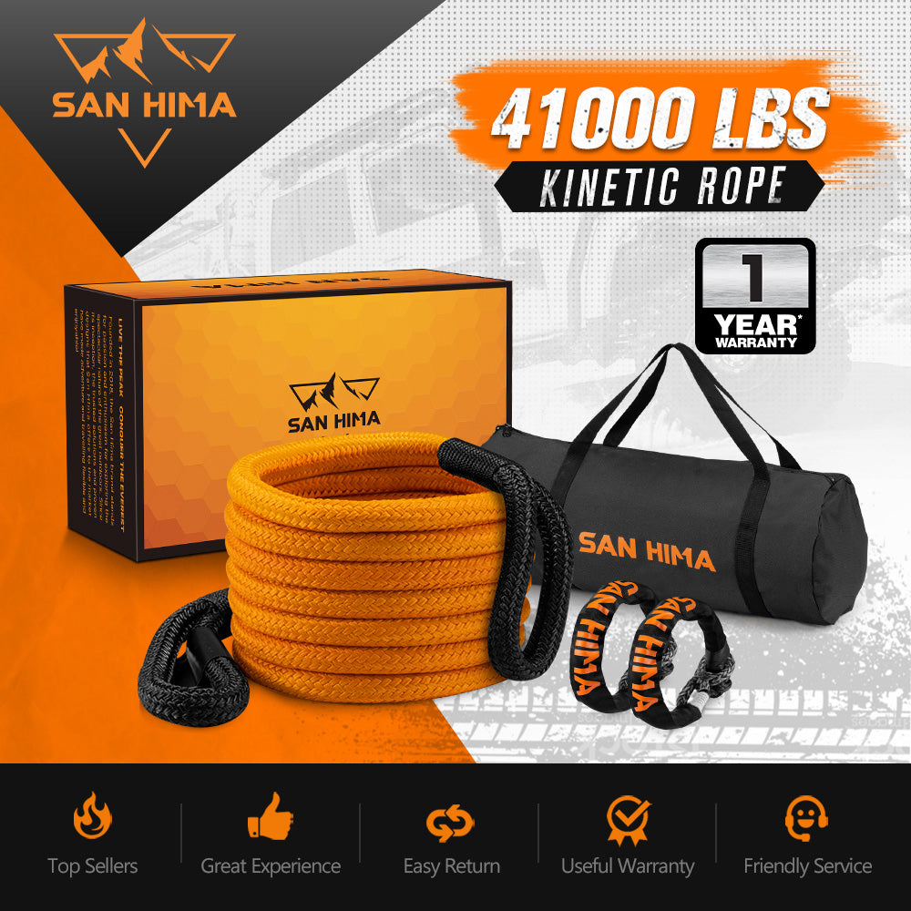 San Hima Kinetic Tow Rope 41000lbs 1"x30ft Snatch Strap Orange w/ Soft Shackle