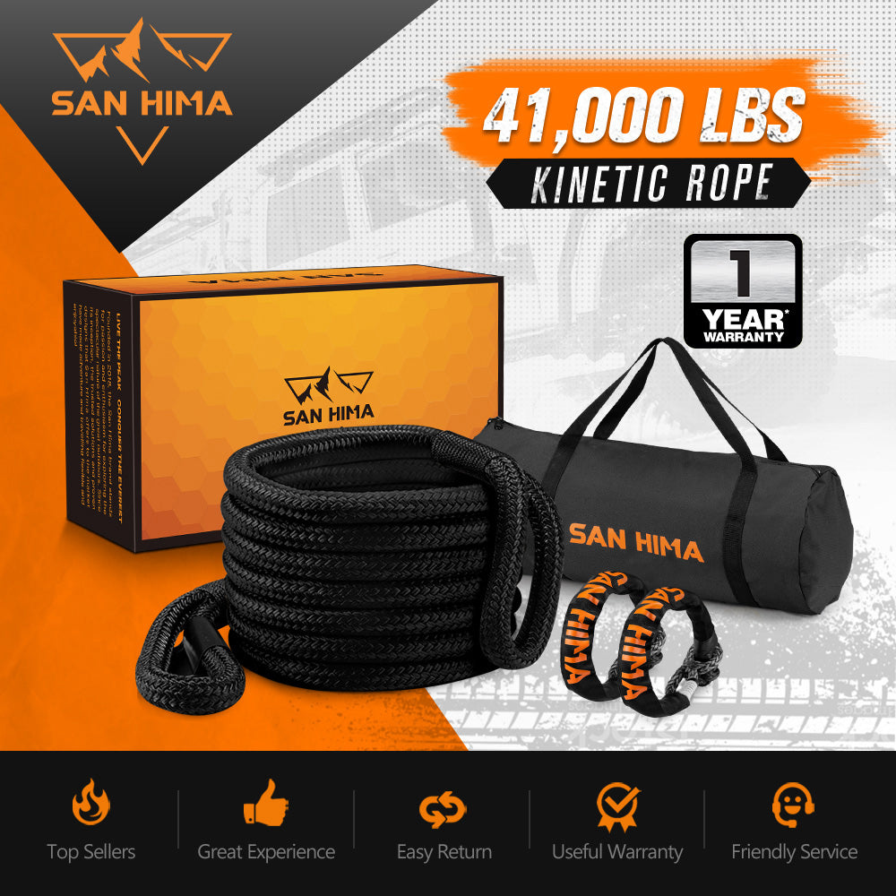San Hima Kinetic Tow Rope 41000lbs 1"x30ft Snatch Strap Black w/ Soft Shackle