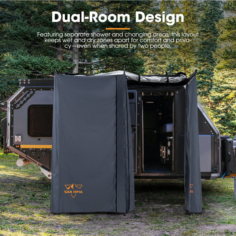 San Hima 2-Room Awning Shower Tent with Roof Fold-Out for Camping