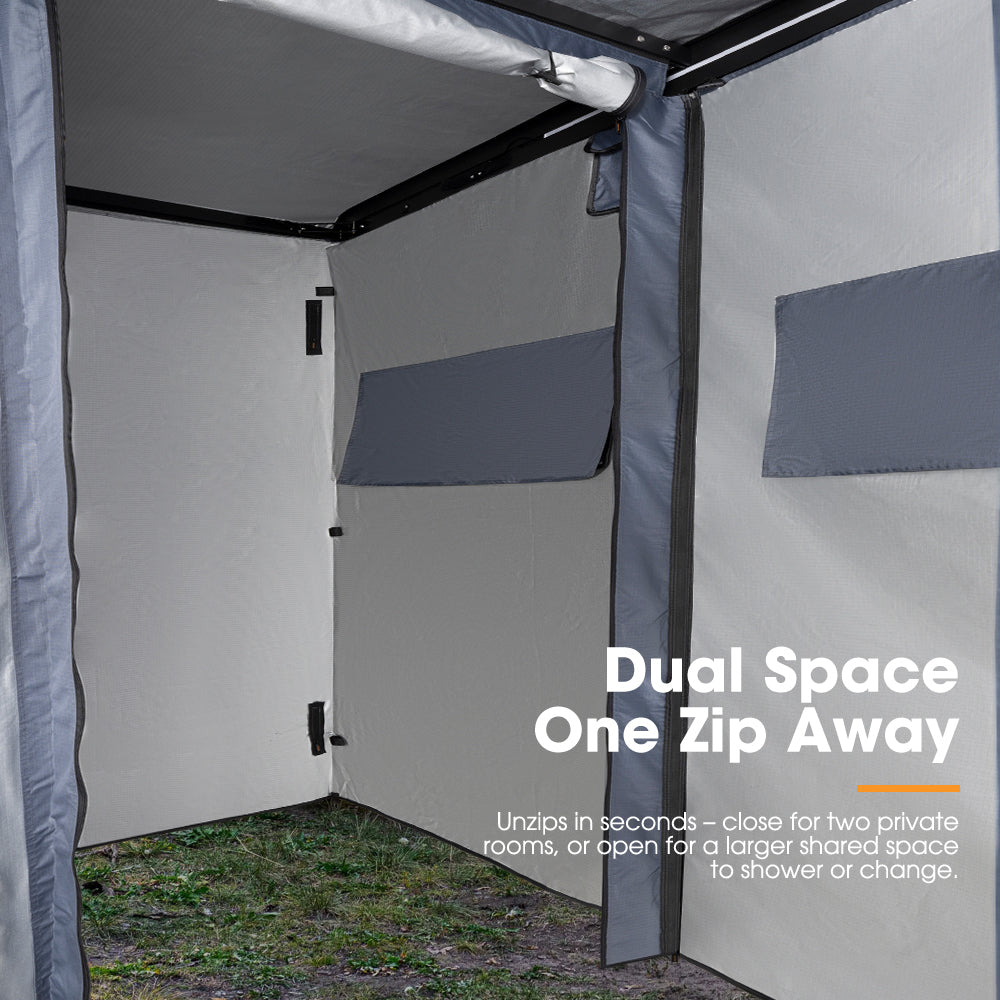 San Hima 2-Room Awning Shower Tent with Roof Fold-Out for Camping