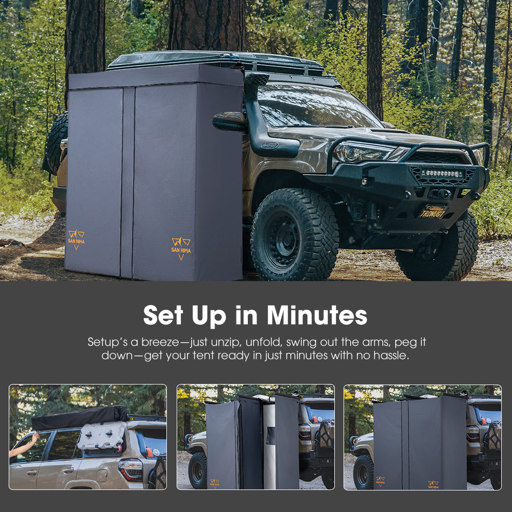 San Hima 2-Room Awning Shower Tent with Roof Fold-Out for Camping