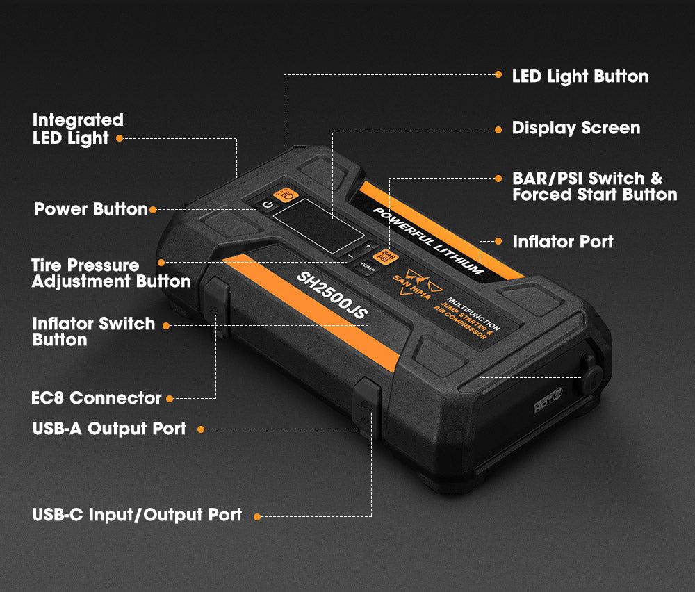 San Hima Jump Starter With Air Compressor 2500A Portable 12V Power