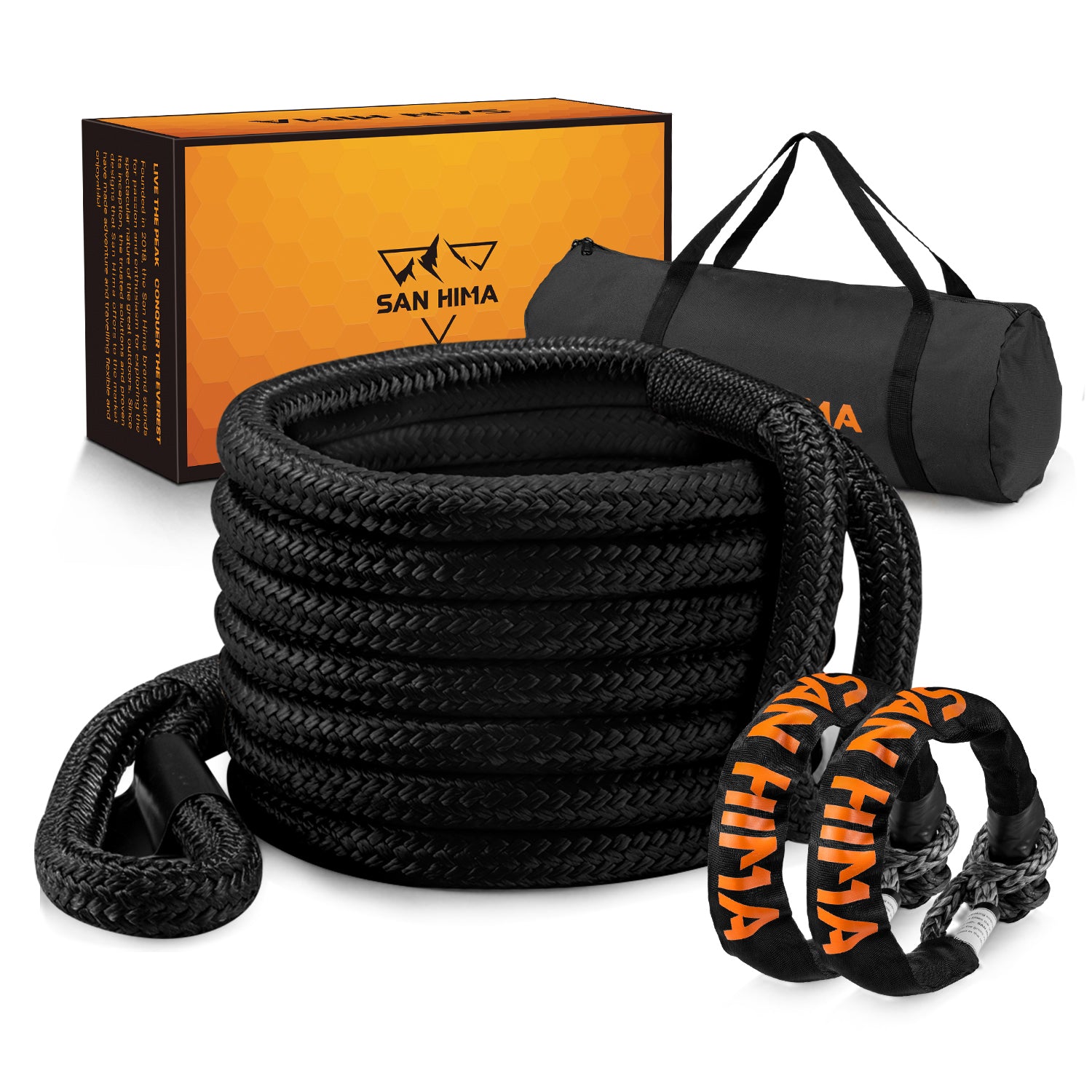 San Hima Kinetic Tow Rope 41000lbs 1"x30ft Snatch Strap Black w/ Soft Shackle