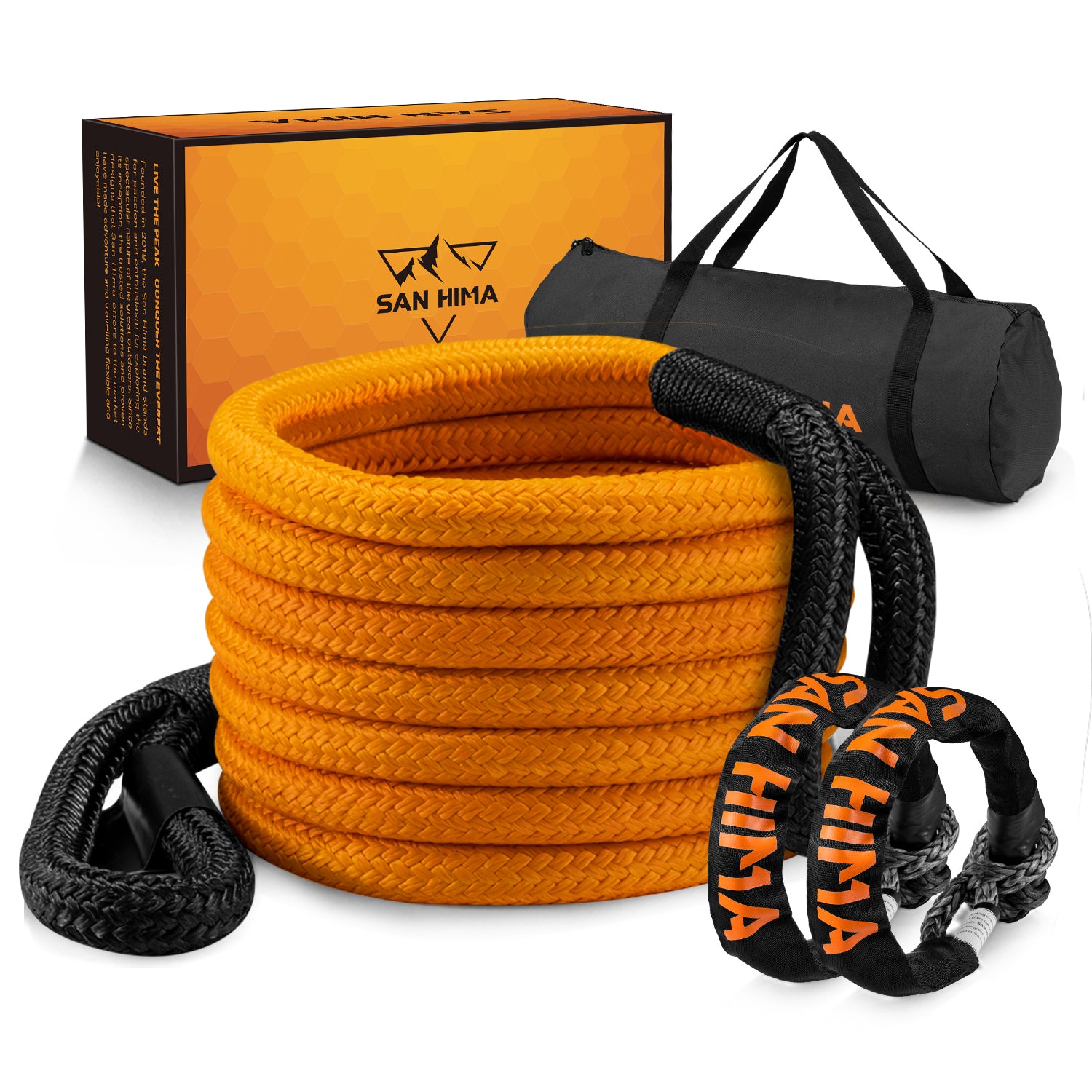 San Hima Kinetic Tow Rope 41000lbs 1"x30ft Snatch Strap Orange w/ Soft Shackle